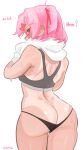  1girl absurdres artist_name ass back bare_shoulders black_panties blush bob_cut breasts butt_crack commentary dimples_of_venus doki_doki_literature_club dripping drying drying_body emiillb english_commentary english_text from_behind grey_sports_bra hair_ornament hair_ribbon highres holding holding_towel looking_at_viewer looking_back lowleg lowleg_panties natsuki_(doki_doki_literature_club) nose_blush one-piece_tan panties petite pink_eyes pink_hair red_ribbon revision ribbon short_hair shoulder_blades signature simple_background skindentation small_breasts solo spine sports_bra sweat swept_bangs tan tanlines towel towel_around_neck twitter_username two_side_up underwear very_sweaty white_background x_hair_ornament 