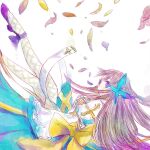  1girl arch_bishop_(ragnarok_online) blue_dress bow brown_hair butterfly_hair_ornament commentary_request cross dormir_(challco) dress falling feathers fishnet_thighhighs fishnets foot_out_of_frame hair_ornament juliet_sleeves long_hair long_sleeves looking_at_viewer puffy_sleeves purple_eyes purple_shoes ragnarok_online shoes simple_background solo thighhighs two-tone_dress waist_bow white_background white_dress white_thighhighs yellow_bow 