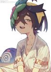  1boy black_hair blush bucket closed_eyes commentary_request festival_jinbei hair_between_eyes hairband highres japanese_clothes kieran_(pokemon) looking_at_viewer male_focus mask mask_on_head mole mole_on_neck multicolored_hair official_alternate_costume open_mouth pokemon pokemon_(creature) pokemon_scarlet_and_violet poliwag purple_hair saikyo_donbei short_sleeves simple_background teeth twitter_username water_drop wet wet_clothes white_background wooden_bucket yellow_eyes yellow_hairband 