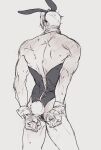  1boy absurdres ace_attorney animal_ear_hairband animal_ears bara bare_back bound bound_wrists commentary_request cowboy_shot crossdressing crossdressing_(mtf) cuffed cuffs detached_collar fake_animal_ears from_behind hairband handcuffs highres korean_commentary leotard male_focus male_playboy_bunny miles_edgeworth monochrome muscular muscular_male rabbit_ear_hairband rabbit_ears rabbit_tail setuldo short_hair standing strapless strapless_leotard sweat tail white_background wrist_cuffs 