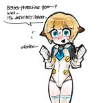  1boy blonde_hair blue_eyes blue_neckerchief blush bulge chung_seiker elsword english_text gloves leotard male_focus neckerchief panties short_hair speech_bubble suckillpak thighhighs thighs thong thong_panties trap underwear upper_body white_gloves white_leotard 