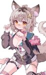  1girl 6rgkh absurdres alternate_breast_size_(larger) animal_ear_fluff animal_ears bandaid bandaid_on_face bandaid_on_nose bikini black_bikini black_jacket blonde_hair blue_sailor_collar blush breasts cleavage collar cross_hair_ornament fluffy_tail fox_ears fox_girl fox_tail hair_ornament highres indie_virtual_youtuber jacket large_breasts leg_warmers looking_at_viewer partially_unzipped pink_collar sailor_collar shirahiko_(vtuber) shirt short_eyebrows short_hair sitting solo swimsuit tail thigh_strap thighs virtual_youtuber white_background white_leg_warmers white_shirt 