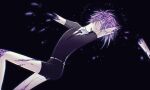  1boy amputee aqua_streaks asymmetrical_hair belt black_background black_jacket black_necktie black_shoes closed_eyes closed_mouth commentary cracked_skin crystal_shards double_amputee earrings falling gem gem_uniform_(houseki_no_kuni) highres houseki_no_kuni jacket jewelry kamishiro_rui male_focus multicolored_hair necktie nuggetart one_eye_covered project_sekai purple_gem purple_hair shoes short_hair short_sleeves simple_background solo streaked_hair stud_earrings white_belt 