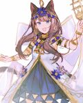  1girl :d animal_ears ankh arknights black_dress blue_eyes brown_hair cnsmsoup commentary cowboy_shot dress fang flower gold_jewelry hand_up highres holding layered_dress long_hair looking_at_viewer official_alternate_costume open_mouth pepe_(arknights) pepe_(nuit_of_the_nightsky)_(arknights) purple_flower simple_background sketch skin_fang smile solo standing tail white_background white_dress 