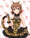  1girl animal_ears animal_print arm_strap blunt_ends breasts brown_eyes brown_hair card_commentary closed_mouth commentary_request cowboy_shot dress fake_animal_ears fake_tail fingerless_gloves frilled_dress frills fur_collar game_asset gaogao_leopard_(idolmaster) gloves hagiwara_yukiho hand_up idolmaster idolmaster_(classic) idolmaster_million_live! idolmaster_million_live!_theater_days leopard_ears leopard_print leopard_tail looking_at_viewer medium_breasts official_alternate_costume official_art print_dress print_gloves short_dress short_hair sleeveless sleeveless_dress smile solo standing tail third-party_source 