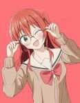  1girl adjusting_eyewear blush bocchi_the_rock! bow brown_sailor_collar brown_shirt collarbone commentary glasses hair_between_eyes hair_over_shoulder head_tilt kita_ikuyo long_hair long_sleeves looking_at_viewer one_eye_closed one_side_up open_mouth red_background red_bow red_hair sailor_collar school_uniform shirt shuka_high_school_uniform sim_evo smile solo straight-on upper_body yellow_eyes 