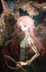  1girl armor bad_id bad_twitter_id barding blue_fur corset earrings frilled_sleeves frills hand_on_sheath high_collar highres jewelry juliet_sleeves long_hair long_sleeves mon_(monmon2133) monster original ornate_armor ornate_clothes patterned_clothing pink_eyes pink_hair puffy_sleeves ring sharp_teeth solo sword teeth weapon 
