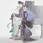  2girls absurdres animal_ears arknights ass bang_dream! bang_dream!_it's_mygo!!!!! black_bonnet black_bow black_dress black_gloves black_pantyhose black_ribbon black_shoes black_wrist_cuffs blue_hair bonnet bow breasts cleavage commentary_request crossed_legs demon_girl demon_horns dress ear_bow floppy_ears frilled_dress frills gloves grand_piano green_hair green_ribbon hair_ornament hair_ribbon headpiece highres horns instrument long_dress long_hair lop_rabbit_ears medium_breasts multiple_girls official_alternate_costume pantyhose piano rabbit_ears rabbit_girl ribbon shoes sitting sitting_on_piano standing standing_on_one_leg togawa_sakiko togawa_sakiko_(master_of_melodia) user_dfxd2238 wakaba_mutsumi wakaba_mutsumi_(marionette's_id) watermark white_background wrist_cuffs x_hair_ornament 
