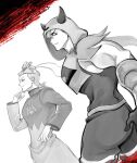  2boys animal_on_head commentary_request dazzling3ti fake_horns frown glaring gloves hair_between_eyes highres hood hood_up horned_hood horns looking_at_viewer looking_back looking_to_the_side male_focus maxie_(pokemon) multiple_boys muscular muscular_male on_head partially_colored pokemon pokemon_(creature) pokemon_ruby/sapphire/emerald smile tabitha_(pokemon) team_magma team_magma_uniform teeth zubat 