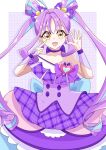  1girl absurdres ahoge aqua_hair artist_name blue_hair bow brooch checkered_background choker collarbone commentary_request cure_kyunkyun dress gloves hair_ornament half_gloves headset heart heart_brooch highres idol_heart_incom jewelry kimi_to_idol_precure long_hair looking_at_viewer magical_girl multicolored_hair off-shoulder_dress off_shoulder open_mouth precure purple_bow purple_choker purple_dress purple_gloves purple_hair shigure_kokoro solo streaked_hair twintails two_side_up xiaofeng yellow_eyes 