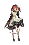  1girl apron blood blood_on_face commentary dagger dress drill_hair full_body highres kasane_teto kneehighs knife maid maid_apron maid_headdress mao206327 red_eyes red_hair socks solo standing thigh_strap twin_drills untranslatable_commentary utau weapon white_background 