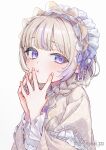  1girl absurdres blonde_hair blush braid commentary hairband hand_on_own_cheek hand_on_own_face highres hololive hololive_dev_is japanese_clothes kimono lolita_hairband long_hair looking_at_viewer multicolored_hair official_alternate_costume own_hands_together piita pout purple_eyes purple_hair simple_background solo streaked_hair todoroki_hajime todoroki_hajime_(new_year) twin_braids twitter_username untranslatable_commentary virtual_youtuber white_background white_hairband white_kimono 