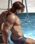  1boy abs arm_hair armpit_hair armpit_hair_peek ass_peek bara biceps blue_male_swimwear broad_shoulders brown_eyes brown_hair chamomilde chest_hair commentary cowboy_shot cross_scar english_commentary facial_hair from_side gallagher_(honkai:_star_rail) groin half-closed_eyes highres honkai:_star_rail honkai_(series) large_pectorals leg_hair long_hair looking_back male_focus male_swimwear muscular muscular_arms muscular_male nipples parted_lips pectorals pool pool_ladder scar scar_on_arm skindentation solo stubble topless_male triceps water wet wet_hair wide_back 