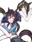  2girls absurdres animal_ears ass bikini bikini_shorts blue_bikini blue_choker blue_eyes blue_shirt blue_swim_trunks blush breasts brown_hair carrying_over_shoulder casual cheval_grand_(summer_calm_navy_drop)_(umamusume) cheval_grand_(umamusume) choker closed_eyes commentary_request hair_between_eyes highres horse_ears horse_girl horse_tail kikkasoon lifting_person long_hair midriff mole mole_under_eye multicolored_hair multiple_girls navel official_alternate_costume official_alternate_hairstyle open_mouth shirt shorts smile streaked_hair swimsuit tail twintails umamusume vivlos_(casual)_(umamusume) vivlos_(umamusume) white_streaks 