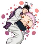  1boy :> blush character_doll choso_(jujutsu_kaisen) commentary_request dated doll holding holding_doll itadori_yuji jujutsu_kaisen makio1313 male_focus robe short_twintails signature smile solo twintails twitter_username white_robe 