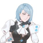  1girl ace_attorney ascot black_gloves black_vest blue_hair bow bowtie commentary earrings franziska_von_karma gloves grey_eyes highres index_finger_raised jewelry juliet_sleeves lastrainleaves long_sleeves puffy_sleeves shirt short_hair simple_background smile solo vest white_ascot white_background white_bow white_bowtie white_shirt 