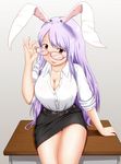  adjusting_eyewear animal_ears bespectacled breasts bunny_ears cleavage desk glasses large_breasts long_hair mimofu_(fullhighkick) miniskirt purple_hair red_eyes reisen_udongein_inaba school_desk shirt simple_background sitting skirt solo taut_clothes taut_shirt touhou 