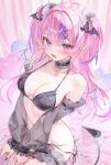  1girl ahoge alllisso bare_shoulders bikini black_bikini black_choker black_nails black_sleeves blush bound bound_wrists breasts choker cleavage collarbone commentary demon_girl demon_horns demon_tail demon_wings fang frilled_choker frilled_thigh_strap frills hair_ornament hair_scrunchie halterneck head_wings heart heart-shaped_pillow heart_ahoge heart_hair_ornament heart_o-ring heterochromia highres horns indie_virtual_youtuber ironmouse kneeling long_hair looking_at_viewer medium_breasts mini_wings multicolored_hair navel o-ring open_mouth pill pillow pink_eyes pink_hair pointy_ears purple_eyes purple_hair purple_horns scrunchie see-through_clothes see-through_sleeves side-tie_bikini_bottom skin_fang smile solo strap_gap streaked_hair string_bikini swimsuit tail thigh_strap twintails two-tone_hair two_side_up untied_bikini_bottom untranslatable_commentary virtual_youtuber wings x_hair_ornament 