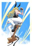  1girl animal_ear_hairband animal_ears black_shoes blonde_hair blue_sky bow braid bunny_day cloud commentary detached_collar english_commentary fake_animal_ears fake_tail flcl flying frilled_bow frills from_below guitar hair_bow hairband high_heels highleg highleg_leotard highres hyoutan_tan instrument kirisame_marisa leotard long_hair looking_at_viewer looking_down mini-hakkero pantyhose playboy_bunny rabbit_ear_hairband rabbit_ears rabbit_tail scene_reference shoes side_braid single_braid sky smile solo strapless strapless_leotard tail touhou white_leotard wrist_cuffs yellow_eyes 