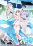  3girls :d absurdres beach_umbrella bikini black_bikini black_hair blonde_hair blue_eyes blue_sky breasts brown_hair closed_mouth collarbone commentary_request day food frilled_bikini frills fujiyama full_body harukawa_luna highres holding inflatable_toy jacket jewelry lens_flare long_hair looking_at_viewer medium_breasts multiple_girls naruse_chito naruse_sawa navel oneesan_ha_no_ore_ga_naze_chicchai_kimi_wo_suki_ni_natta_no_ka? open_clothes open_jacket open_mouth outdoors palm_tree parasol pink_bikini pink_eyes sandals shaved_ice short_hair side-tie_bikini_bottom sky small_breasts smile standing swimsuit toes tree twintails umbrella very_long_hair white_bikini yellow_eyes 