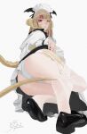 1girl absurdres ass au_ra bdsm black_shoes blunt_bangs blush bondage bound chinese_commentary commentary_request feet final_fantasy final_fantasy_xiv foreshortening garter_straps grin heterochromia highres horns kneeling long_hair looking_at_viewer maid maid_headdress multicolored_hair panties papalachiya presenting_foot purple_eyes red_streaks scales shoes smile soles solo streaked_hair tail thighhighs underwear white_panties white_thighhighs yellow_eyes 