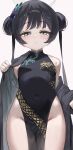  1girl absurdres black_dress black_hair blue_archive breasts butterfly_hair_ornament chinese_clothes commentary covered_navel double_bun dragon_print dress grey_eyes grey_halo hair_bun hair_ornament halo highres jacket kisaki_(blue_archive) long_hair no_panties print_dress qipao se_tu_(55559229) sleeveless sleeveless_dress small_breasts solo striped_clothes striped_jacket twintails vertical-striped_clothes vertical-striped_jacket very_long_hair 
