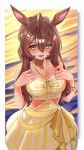  1girl ahoge akuminosan animal_ears bare_shoulders blush breasts brown_hair collarbone commentary_request dress dress_swimsuit hair_between_eyes hair_ornament highres horse_ears horse_girl horse_tail long_hair looking_at_viewer medium_breasts mejiro_bright_(umamusume) mejiro_bright_(umibe_no_elegance_chiffon)_(umamusume) official_alternate_costume open_mouth smile solo striped_clothes striped_dress tail teeth umamusume vertical-striped_clothes vertical-striped_dress yellow_dress 
