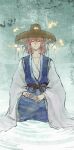  1girl 320tbsyc alternate_headwear blue_vest brown_sash chinstrap commentary_request hanging_lantern highres ichimegasa koi onozuka_komachi red_hair ripples seiza sitting sitting_on_water touhou vest white_sleeves 