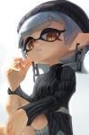  1girl beanie belt black_hat black_sweater blurry breasts chain chain_earrings commentary_request cross-shaped_pupils dbwuqldvec82805 grey_hair hand_up hat highres inkling knee_up looking_at_viewer marie_(splatoon) marie_(summer_nights)_(splatoon) mole mole_under_eye official_alternate_hairstyle parted_lips pointy_ears short_eyebrows simple_background sitting small_breasts solo splatoon_(series) sweater symbol-shaped_pupils teeth tentacle_hair thighs white_background white_belt yellow_eyes 