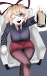  absurdres alternate_breast_size_(larger) alternate_costume blonde_hair blue_eyes bow breasts can colored_eyelashes couch crossed_legs drink_can highres large_breasts long_sleeves looking_at_viewer medicine_melancholy miniskirt nail_polish necktie office office_lady on_couch one_eye_closed pantyhose pencil_skirt red_bow sakamuotoo short_hair sitting skirt skirt_suit soda_can suit thighs touhou wide_hips 