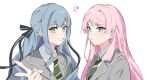  2girls bang_dream! bang_dream!_it's_mygo!!!!! blue_hair blush chihaya_anon closed_mouth commentary diagonal-striped_clothes diagonal-striped_necktie green_necktie grey_eyes grey_jacket haneoka_school_uniform highres jacket long_hair multiple_girls necktie open_mouth peke_(pekeiscat) personality_switch pink_hair school_uniform sidelocks simple_background striped_clothes striped_necktie togawa_sakiko v white_background yellow_eyes 