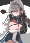  1girl absurdres akatsuki_(pixiv_121703401) black_gloves blue_dress blush breasts cleavage closed_mouth commentary_request dress elbow_gloves embarrassed fingerless_gloves gloves green_eyes grey_hair highres hololive large_breasts looking_to_the_side shirogane_noel shirogane_noel_(1st_costume) short_hair solo virtual_youtuber 