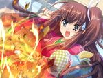  1girl blush brown_hair chopsticks cooking dutch_angle fire food game_asset green_eyes hair_ribbon holding japanese_clothes kimono kinmedai_pink long_hair mittens non-web_source nose_blush official_art one_side_up open_mouth oven_mitts red_kimono ribbon seiryuu_tenmu self-datamine shouryuu_senki_tenmu side_ponytail solo surprised sweatdrop tears very_long_hair visual_novel_cg wavy_mouth 
