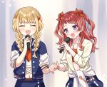  2girls :d ^_^ blue_eyes blue_jacket blue_skirt blush braid brown_shirt campus_mode!!_(idolmaster) chiune_(yachi) closed_eyes collared_shirt dress_shirt fujita_kotone gakuen_idolmaster hair_ornament hair_over_shoulder hair_ribbon hairclip hanami_saki highres holding holding_hands holding_microphone idolmaster jacket long_hair long_sleeves low_twintails microphone multiple_girls navel open_clothes open_jacket open_shirt orange_ribbon red_hair ribbon shirt skirt smile twin_braids twintails two_side_up white_shirt 