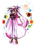  1girl blush boots commentary_request dress hat long_hair lowres magic mino6057 mob_cap patchouli_knowledge purple_eyes purple_hair purple_robe ribbon robe solo striped_clothes striped_dress touhou 