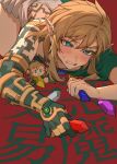 1boy androgynous archaic_set_(zelda) blonde_hair blue_eyes blue_gem blush body_markings chinese_commentary clenched_teeth commentary_request gem green_tunic grey_gem hair_between_eyes highres holding holding_gem link long_hair male_focus pink_gem red_background red_gem rupee_(zelda) sea_urchin_(925994758) single_bare_shoulder solo sweatdrop teeth the_legend_of_zelda the_legend_of_zelda:_tears_of_the_kingdom top-down_bottom-up tunic 