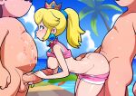  1girl 2boys absurdres ass blonde_hair blue_eyes breasts breasts_out clothed_female_nude_male clothes_lift clothes_pull cloud crown earrings fat fat_man gbumop gold_crown group_sex handjob highres jewelry lipstick_mark long_hair luigi mario mario_(series) medium_breasts mmf_threesome multiple_boys nipples nude ocean outdoors palm_tree penis pink_shirt pink_shorts ponytail princess_peach sex sex_from_behind shirt shirt_lift shorts shorts_pull sidelocks sky sleeveless sleeveless_shirt sphere_earrings standing standing_sex sweat threesome tree uncensored 