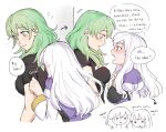  2girls black_shirt blush breasts cleavage_cutout clothing_cutout collar confused couple dashingicecream dress embarrassed english_text female_byleth_(awakened)_(fire_emblem) female_byleth_(fire_emblem) fire_emblem fire_emblem:_three_houses grabbing_from_behind green_eyes green_hair large_breasts long_hair looking_at_viewer lysithea_von_ordelia lysithea_von_ordelia_(timeskip) medium_breasts medium_hair multiple_girls multiple_views no_armor official_alternate_hair_color open_mouth pink_eyes purple_collar purple_dress shirt simple_background small_breasts speech_bubble sweatdrop teeth white_background white_hair yuri 