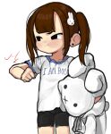  1girl 482egg :t bike_shorts blush borrowed_character brown_hair child clenched_hand clothes_writing commission cowboy_shot earrings hair_ornament highres holding holding_stuffed_toy jewelry looking_to_the_side miffy miffy_(character) original ponytail pout rabbit_hair_ornament shirt solo stud_earrings stuffed_animal stuffed_rabbit stuffed_toy white_background white_shirt 