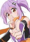  1girl bare_shoulders brown_eyes commentary_request hair_ornament highres japanese_clothes kimono kusagakure_satoko long_hair looking_at_viewer miruzawa_akechi ninja ninja_to_koroshiya_no_futarigurashi open_mouth orange_scarf purple_hair purple_kimono scarf shuriken_hair_ornament side_ponytail simple_background sleeveless sleeveless_kimono white_background 