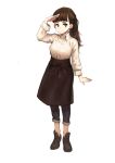  1girl apron arm_up black_pants black_shoes blunt_bangs breasts brown_apron brown_eyes brown_hair collared_shirt commentary_request eyelashes full_body hair_ornament hair_tie hand_on_own_forehead highres jun_(navigavi) light_blush long_hair long_sleeves looking_at_viewer medium_breasts original pants ponytail shirt shoes simple_background smile solo standing white_background 