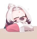  1girl absurdres animal_ear_fluff animal_ears blush cairn_(zenless_zone_zero) closed_eyes closed_mouth commentary_request dog_ears dog_girl furry furry_female highres simple_background sleeping solo sonira_(enosoni) squeans table tongue tongue_out white_background white_fur white_hair zenless_zone_zero 