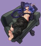  1girl absurdres ahoge animal_ear_fluff animal_ears barefoot black_pants blue_eyes breasts cat_ears cat_girl cat_tail checkered_clothes checkered_jacket cleavage closed_mouth commission couch eyebrows_hidden_by_hair feet foreshortening full_body heterochromia highres jacket large_breasts long_hair looking_at_viewer lying nail_polish nezo on_back original pants presenting_foot purple_background purple_eyes smile soles solo tail toenail_polish toenails toes 