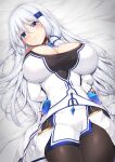  1girl arms_behind_back bare_shoulders black_pantyhose blue_eyes blue_gem breasts breasts_apart cleavage closed_mouth commentary_request commission cowboy_shot diamond_(shape) dot_nose eyebrows_hidden_by_hair fingerless_gloves gem gloves hair_between_eyes hair_spread_out hair_tie highres izatil_(sa_ku3) jewelry large_breasts light_blush long_hair looking_at_viewer lying minamon_(vittel221) necklace on_back on_bed original pantyhose pelvic_curtain puckered_lips shirt solo straight_hair taut_clothes white_hair white_shirt 