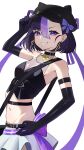  1girl absurdres alternate_costume black_gloves black_hair black_hat black_shirt commentary_request cropped_shirt daidaradoji earrings elbow_gloves gloves goddess_of_victory:_nikke grin hand_on_own_hip hat highres jewelry looking_at_viewer medium_hair mole mole_under_eye multicolored_hair navel peaked_cap purple_hair shirt simple_background skirt sleeveless sleeveless_shirt smile solo streaked_hair syuen_(nikke) teeth white_background white_skirt white_streaks 