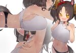  +_+ 1girl :d absurdres alternate_costume animal_ears arm_up armpit_focus armpits black_hair black_panties blush breasts fang grey_background hairband highres horse_ears horse_girl horse_tail large_breasts looking_at_viewer lying marvelous_sunday_(umamusume) multiple_views navel on_stomach open_mouth panties presenting_own_armpit red_hairband shirt short_hair simple_background skin_fang sleeveless sleeveless_shirt smile stomach sweat tail tied_shirt twintails umamusume underwear white_shirt xaea_xp 