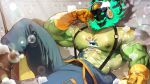  1boy amarimari1092 bara baseball_cap boots brown_boots bubble colored_skin commentary_request fire gloves green_skin hat headphones highres janitor_thresh large_pectorals league_of_legends male_focus muscular muscular_male nipples pectorals rubber_gloves sitting skull_head solo thresh_(league) yellow_gloves 
