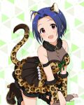  1girl :d ahoge animal_ears animal_print arm_strap bare_shoulders blue_hair boots breasts brown_boots card_commentary cleavage commentary_request dress fake_animal_ears fake_tail fingerless_gloves frilled_dress frills fur_collar game_asset gaogao_leopard_(idolmaster) gloves high_heel_boots high_heels idolmaster idolmaster_(classic) idolmaster_million_live! idolmaster_million_live!_theater_days kneeling leopard_ears leopard_print leopard_tail looking_at_viewer miura_azusa o-ring o-ring_arm_strap official_alternate_costume official_art open_mouth print_dress print_gloves purple_eyes short_dress short_hair sleeveless sleeveless_dress smile solo tail thigh_strap third-party_source 