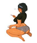  1girl absurdres ahoge ass barefoot black_hair black_shirt blunt_bangs blush bob_cut breasts crop_top cropped_shirt cup dark-skinned_female dark_skin filipino_text food from_behind full_body grey_panties hair_over_eyes highres holding holding_cup holding_food holding_spoon lips looking_to_the_side original panties partially_undressed sauvievie0 seiza shirt sideboob simple_background sitting solo spoon stretch_marks sweatdrop thighs underwear white_background wolf_cut 