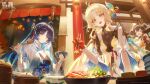 3girls absurdres ahoge black_dress black_hair blonde_hair blue_eyes blue_hair bowl breasts chinese_commentary chopsticks closed_mouth colored_inner_hair commentary_request dress feather_hair fillet_fairmaiden_(wuthering_waves) fingernails gloves hair_intakes hair_ornament hair_stick highres holding holding_bowl holding_chopsticks holding_with_chopsticks hotpot jacket large_breasts leaning_forward logo long_hair looking_at_viewer medium_breasts mihan_(mihan_art) multicolored_hair multiple_girls night official_art open_mouth parted_bangs red_gloves second-party_source siblings sisters smile suisui_(wuthering_waves) tacet_mark_(wuthering_waves) white_dress white_jacket wuthering_waves yangyang_(wuthering_waves) yangyang_(xuanling)_(wuthering_waves) yellow_eyes 